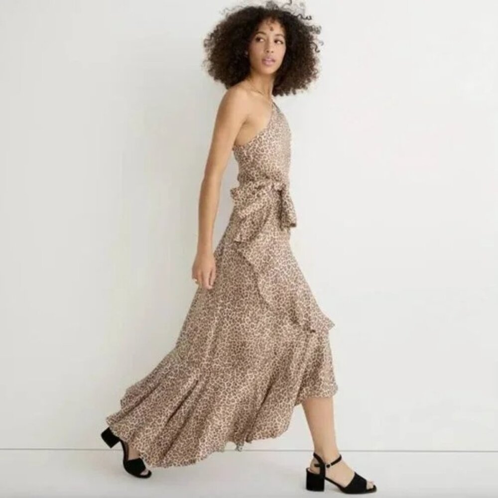 NWT J.Crew Collection One-Shoulder Ruffle-Hem Dress In‎ Leopard Size 2